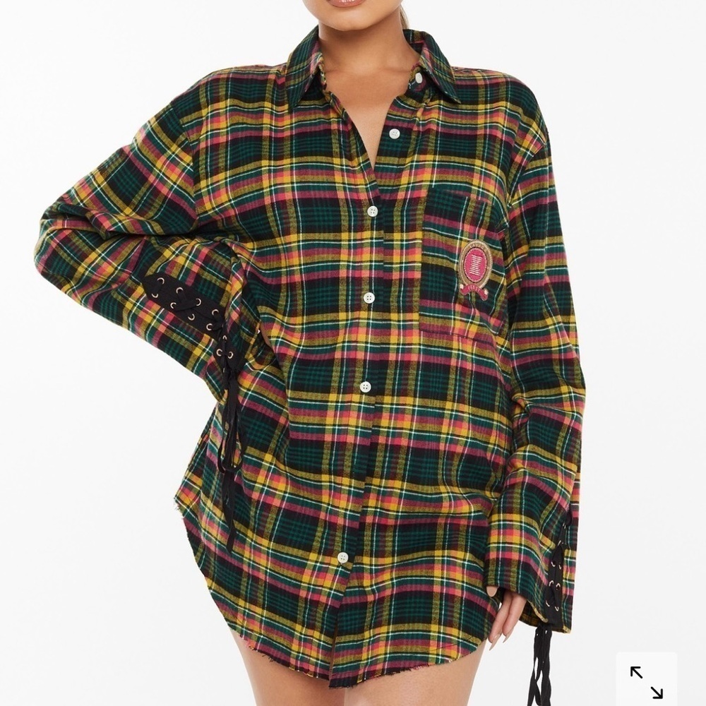 Savage X Fenty Tied Up Tartan PJ Raw Hem Sleep Shirt XL pink canterbury plaid